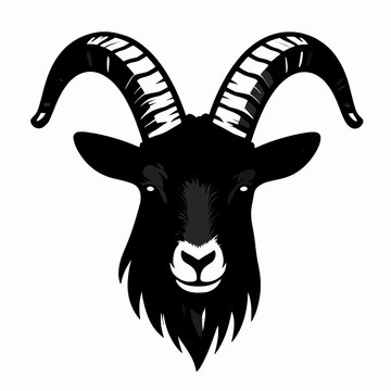 A single majestic black goat head with long curved horns in a flat vector woodcut style, minimalist occult illustration of a domestic animal mascot, isolated on white background for graphic design.