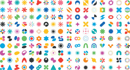 Obraz premium Colorful geometric shapes and floral patterns on white background