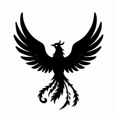 Obraz premium Majestic Black Phoenix Silhouette Vector, Minimalist Mythical Firebird Icon Isolated on White, Powerful Rising Bird Graphic for Branding and Tattoo Design Concept