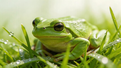 Obraz premium Green frog on dewy grass