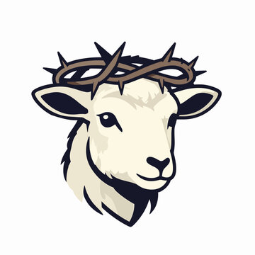 Minimalist Flat Vector Illustration of a White Lamb Wearing a Crown of Thorns, Christian Religious Symbol of the Lamb of God, Sacred Sacrifice Concept Isolated on White Background