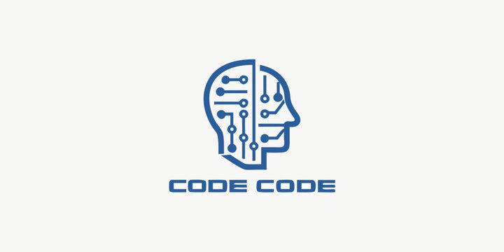 Digital human head outline filled with circuitry and the word code