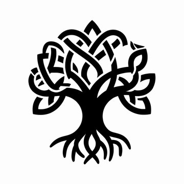 Intricate Celtic knot tree of life symbol in flat vector style, spiritual Yggdrasil icon with black line art and roots, isolated graphic for ancient heritage and nature concept