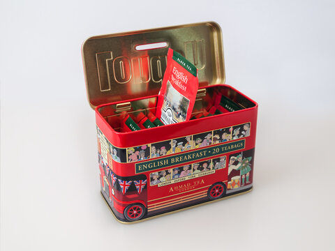 Burbank, California, USA - April 13, 2026. Ahmad Tea London Bus Tin, English Breakfast Tea