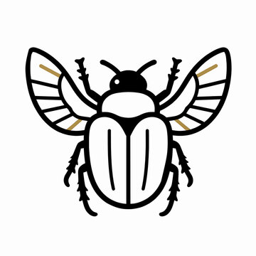 Ancient Egyptian Scarab Beetle Winged Icon, Flat Vector Illustration of Sacred Symbol Isolated on White, Minimalist Talisman Graphic Representing Rebirth and Protection in Gold and Black.
