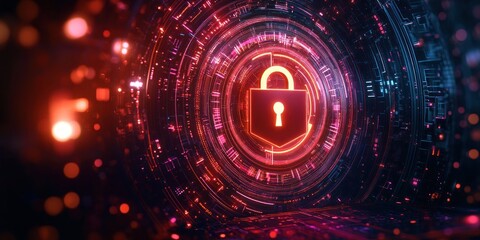 Obraz premium Glowing neon padlock centered in concentric circular digital circuitry with vibrant bokeh lights on a dark background, evoking futuristic protection and vigilance