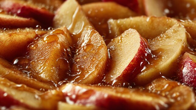 Hyper-realistic apple cobbler with visible juice droplets on apple slices, glossy textures, close-up macro perspective
