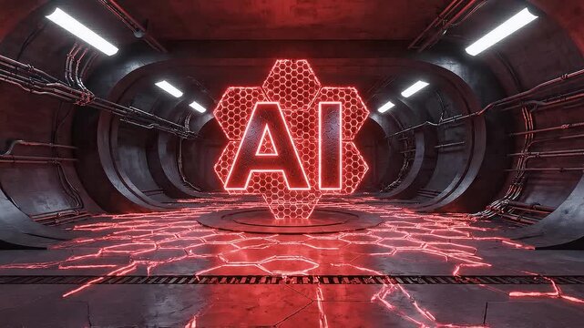 Over the shoulder shot of ai logo glowing in red with futuristic lighting in a sci fi setting