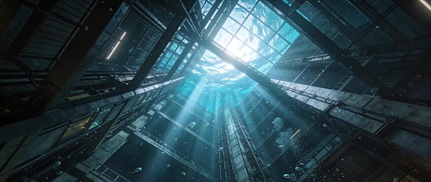 Underwater structure futuristic architecture sunbeam ocean water deep sea science fiction aquatic environment metal frame light ray surreal scene underwater city glow dramatic sunbeam through blue