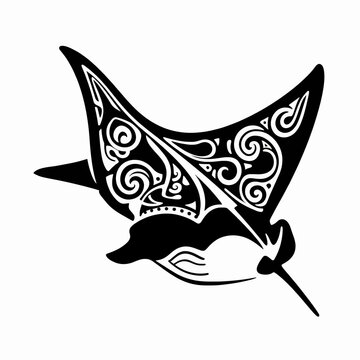 Intricate Flat Vector Illustration of a Single Manta Ray with Traditional Polynesian Tribal Patterns and Maori Koru Scrollwork, Symmetrical Indigenous Sea Creature Design Isolated on White