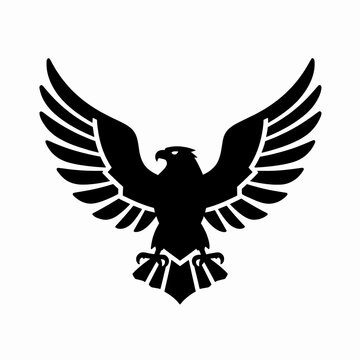Minimalist black and white flat vector illustration of a single majestic eagle with symmetrical outstretched wings, heraldic bird icon isolated on white background for powerful branding concept