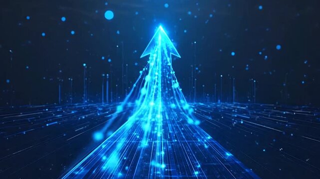Abstract digital arrow pointing upwards, representing growth and progress on a dark background