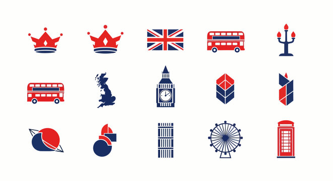 UK symbols icons pack for luxury minimal design featuring crowns and London landmarks