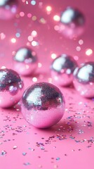 shiny mirrored disco balls on pink surface with scattered glitter confetti and soft bokeh lights conveying playful festive glamour
