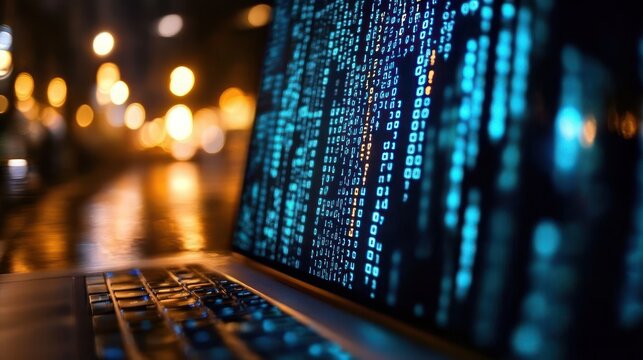 Close-up laptop keyboard and glowing vertical blue computer code on screen with blurred city night lights, creating a mysterious high-tech tense atmosphere