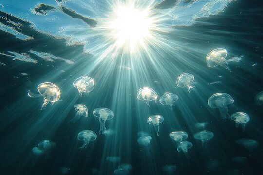 translucent jellyfish drifting beneath a sunlit water surface with radiant beams, serene and ethereal underwater scene