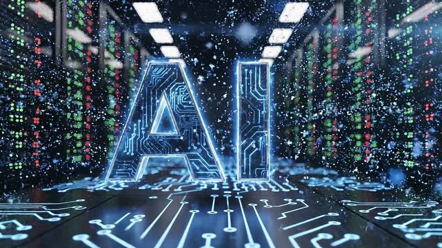 Glowing artificial intelligence logo floating in a high tech data center server room