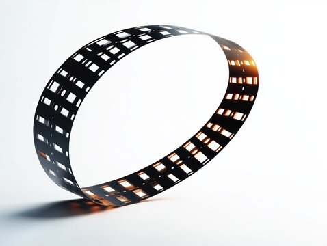 floating twisted film strip loop with glowing orange highlights and soft shadow, minimalist cinematic nostalgia