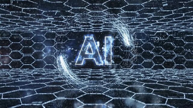 Animated ai text logo floating in deep space with glowing hexagonal grid background