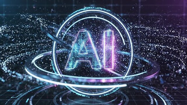Animated ai text logo in futuristic cyberpunk style with neon lighting and dynamic motion effects