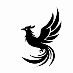 Fototapeta premium Elegant Black Phoenix Bird Flying In Minimalist Flat Vector Style, Stylized Tribal Mythical Creature Silhouette Isolated On White Background, Graceful Winged Animal Icon For Branding And Logo Design