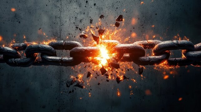 Explosive rupture of a heavy steel chain link, fiery molten core and flying metal fragments with sparks and embers against a dark textured background, intense and dramatic