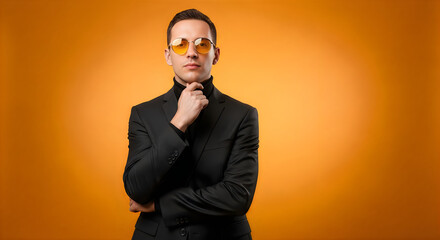 Fototapeta premium A man in a suit stands confidently against a warm orange backdrop