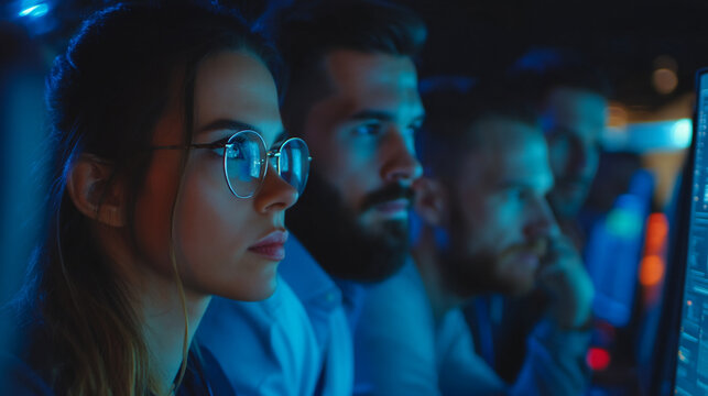 Focused woman and men looking at a glowing blue screen with data reflections in glasses
