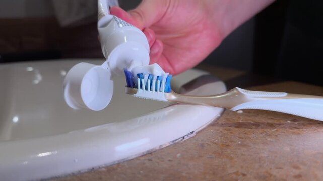 Hands applying white toothpaste onto a toothbrush placed over a bathroom sink