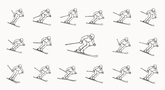 Collection of hand-drawn line art illustrations depicting various skiers in action, forming a dynamic pattern for winter sports and recreation designs.