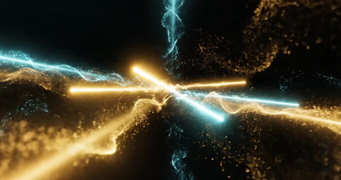 Dynamic abstract composition of vibrant light beams intersecting in a dark space