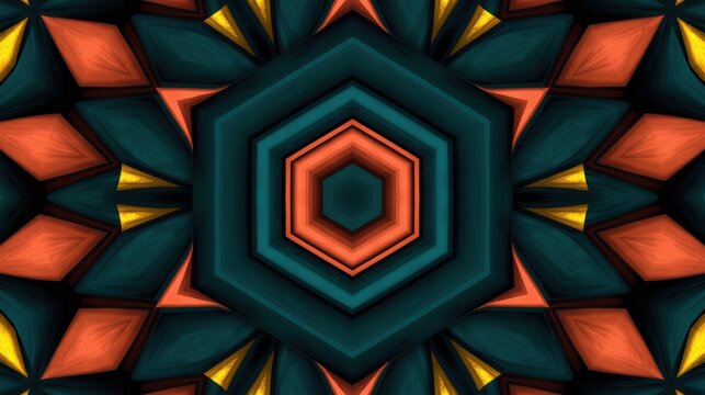A vibrant digital kaleidoscope pattern featuring geometric shapes in shades of green and orange