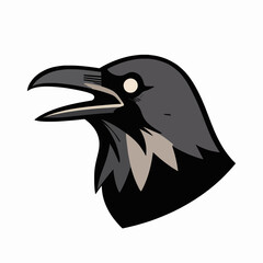 Naklejka premium Aggressive Black Raven Head Vector Illustration, Minimalist Crow Mascot Graphic with Gothic Aesthetic and Hand-Drawn Ink Style, Isolated Bird Symbol for Dark Concept Art and Nature Design.