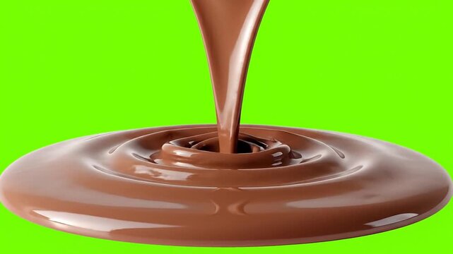 Rich chocolate pouring into a glossy pool of melted goodness against a vibrant green background.