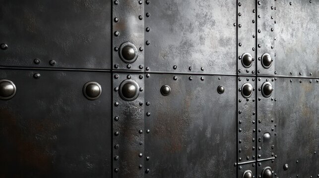 Close-up of dark riveted metal panels with large round bolts, seams and rusted textured surface conveying rugged industrial strength