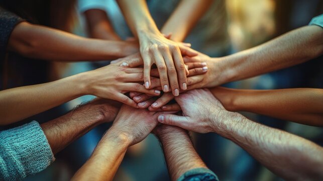 Close-up of multiple hands stacked together in a circle expressing unity, support and teamwork