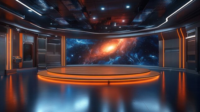 futuristic spaceship observation deck with circular illuminated stage, reflective floor and curved panoramic window revealing a glowing galaxy, sleek metallic interior and awe-inspiring atmosphere