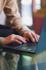 Vertical closeup image of a woman hand working and typing on laptop computer © Farknot Architect
