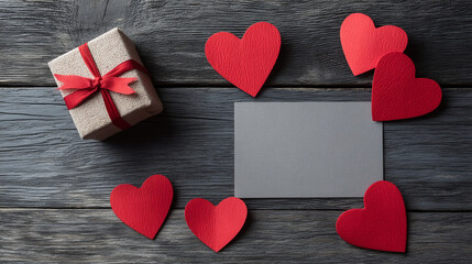 Fototapeta premium Gift box with red ribbon surrounded by red paper hearts on a wooden table, gift giving