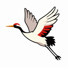 Naklejka premium Elegant Japanese Red-Crowned Crane Flying Flat Vector Illustration, East Asian Wildlife Concept, Minimalist Bird Graphic for Zen Aesthetic and Nature Design, Isolated on White Background