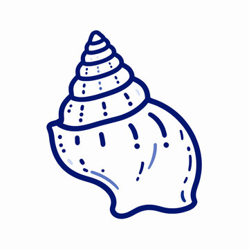 Minimalist flat vector illustration of a single blue spiraled Triton trumpet seashell isolated on white, nautical ocean beach theme, hand-drawn ink style sea shell icon for summer vacation concept