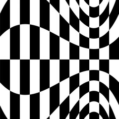 Obraz premium A bold black and white wavy distorted checkerboard pattern with an optical illusion effect, ideal for modern wallpaper, fashion textiles, branding, and abstract background use.