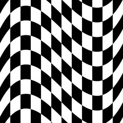 Obraz premium A bold black and white wavy distorted checkerboard pattern with an optical illusion effect, ideal for modern wallpaper, fashion textiles, branding, and abstract background use.
