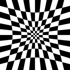 Obraz premium A bold black and white wavy distorted checkerboard pattern with an optical illusion effect, ideal for modern wallpaper, fashion textiles, branding, and abstract background use.