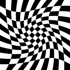 Obraz premium A bold black and white wavy distorted checkerboard pattern with an optical illusion effect, ideal for modern wallpaper, fashion textiles, branding, and abstract background use.