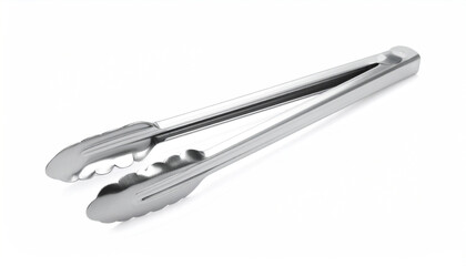 Fototapeta premium Polished stainless steel kitchen tongs with textured gripping ends on white backdrop