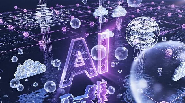 Isometric 45 degree shot of glowing ai logo with purple neon lights in futuristic digital