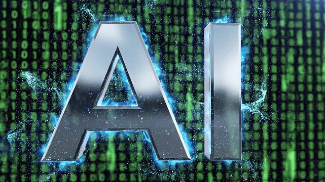 Animated metallic chrome ai text logo with dynamic glowing effects on a digital binary code