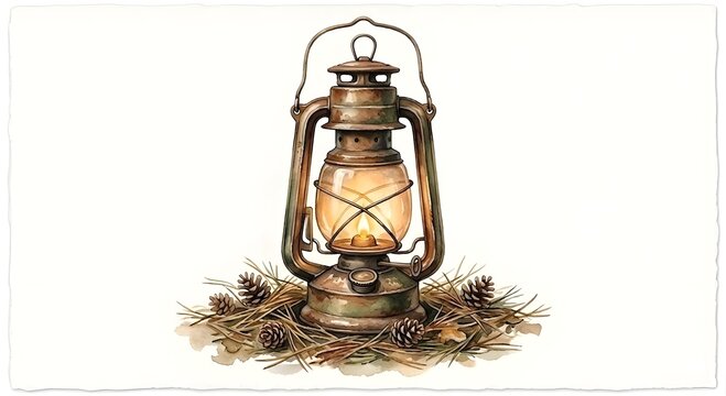 Vintage ornate brass table lamp with a patterned glass shade glowing warmly on a bed of pine cones and pine needles in a natural forest setting.