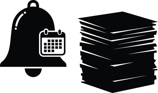 Black Bell Calendar Icon with Stack of Papers on White Background